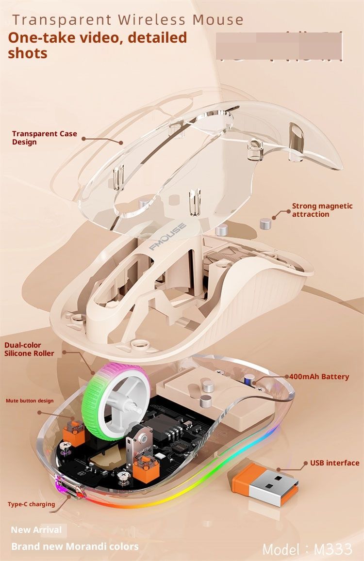 Digitex Digitex M333 Wireless Bluetooth Three-Mode Transparent Mouse TYPE-C Rechargeable Bass Tablet Laptop Office_voghion.com