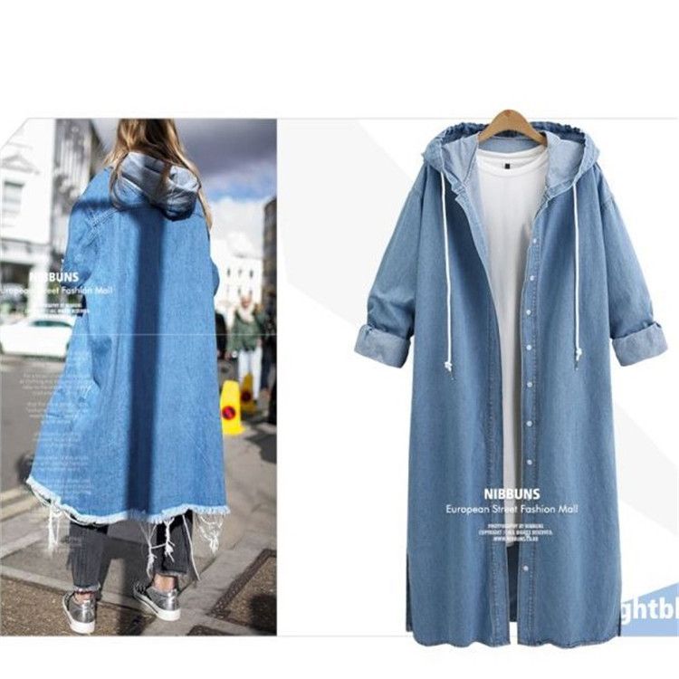 Spring And Autumn New Product Hooded Loose Long Sleeve Cowboy Jacket Women's Single Breasted Medium Length Solid Color_voghion.com