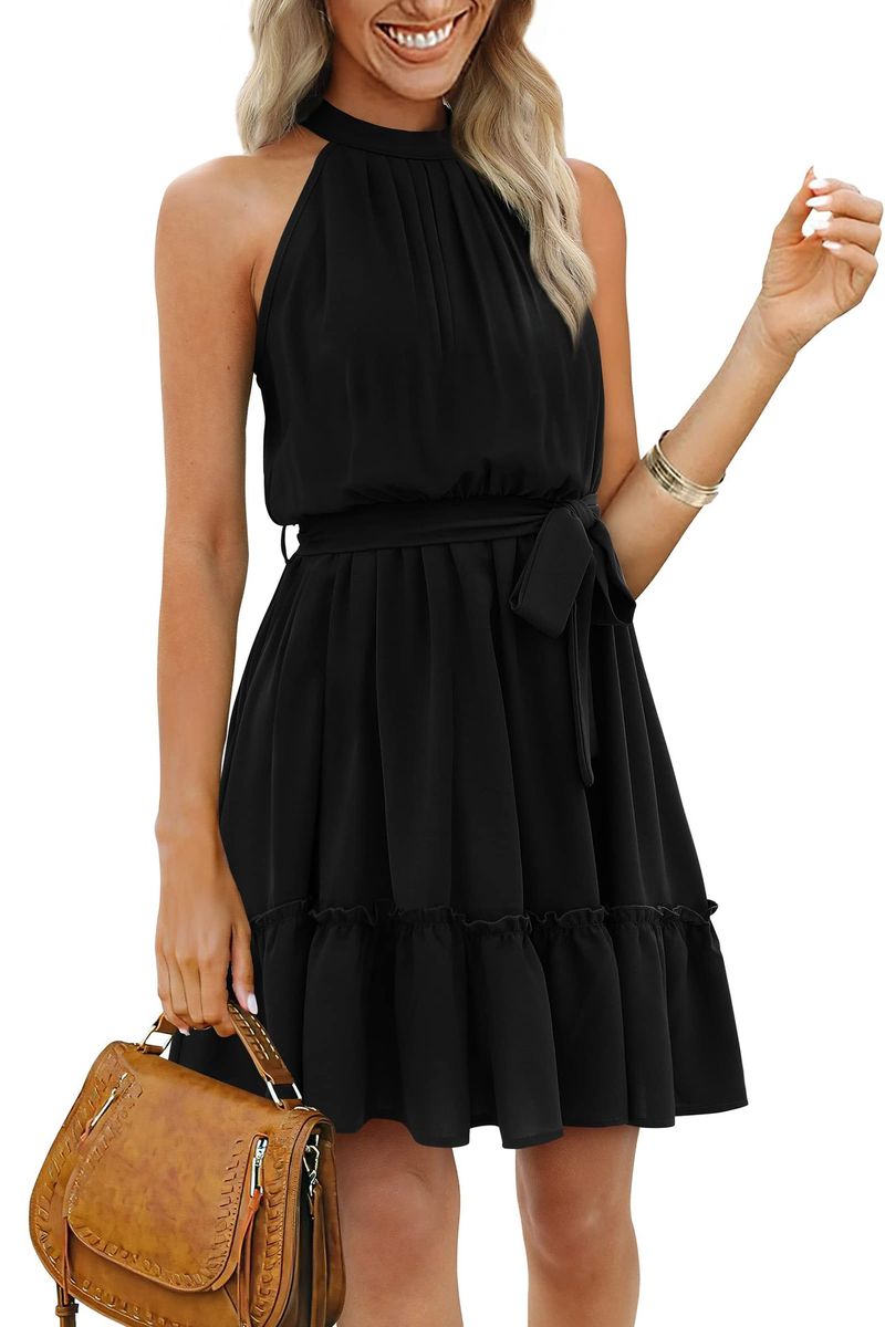 2023 Frühling und Sommer, A-Linien-Rock, Neckholder, florales Schnür-Tunika-Kleid mit offenem Rücken_voghion.com