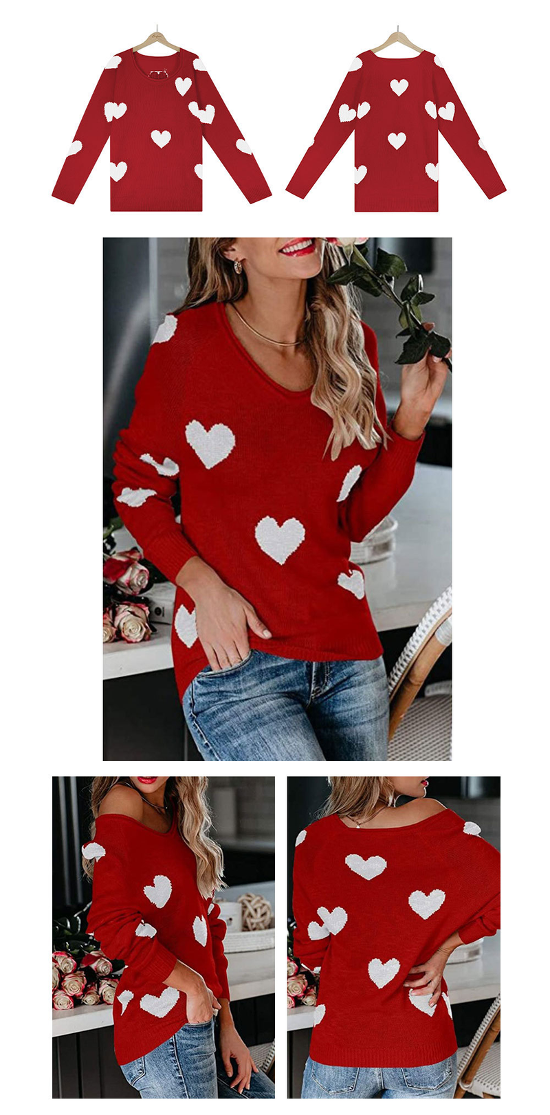 Maglione pullover con scollo a V per San Valentino, da donna, stile ampio_voghion.com