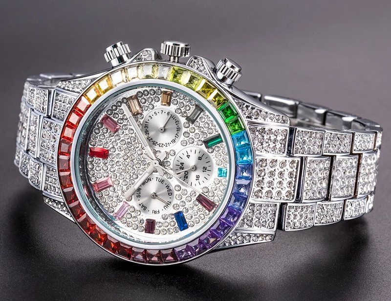 Missfox - Gouden herenhorloge, regenboogdiamanten wijzerplaat, chronograaf met drievoudige wijzerplaat, waterdicht, sportief, elegant_voghion.com