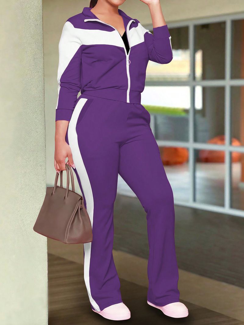 Spring Autumn Women's Fashionable Comfortable Color-Block Sports Style Zipper Jacket And Casual Long Pants Two-Piece Set_voghion.com