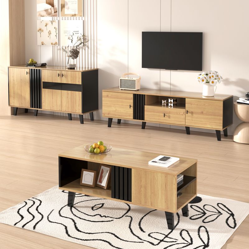Buffet avec éclairage LED et verre, armoire en stratifié beige avec finition noire et bois, design unique à rayures noires_voghion.com