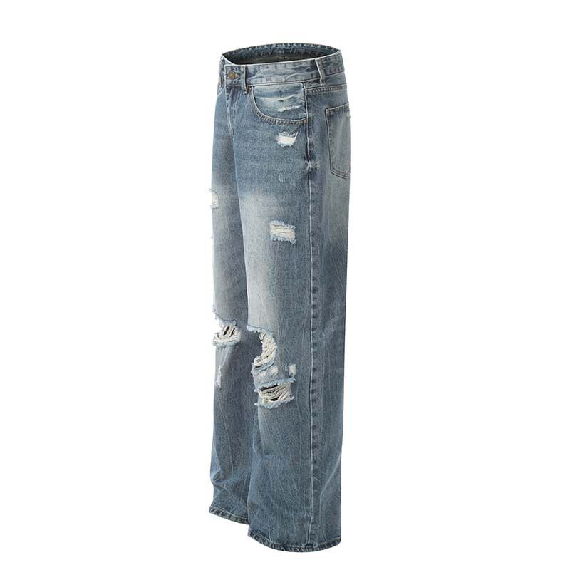 Men's Clothing Washed Distressed Ripped Drape Niche Jeans Men And Women Trendy Retro Loose Casual Straight Pants_voghion.com