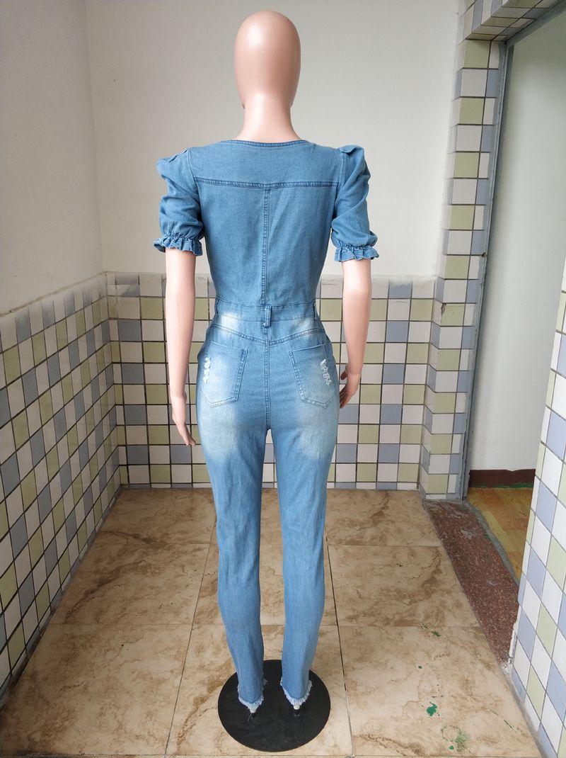 Sieviešu modes ikdienas seksīgs džinsa romperis ar baltu caurumu_voghion.com