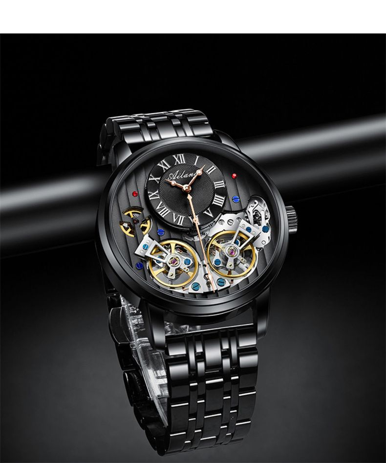 AILANG Mechanical Watch Men 30M Waterproof Automatic Watches Stainless Steel Skeleton Dial Luxury Double Tourbillon Watch Men_voghion.com