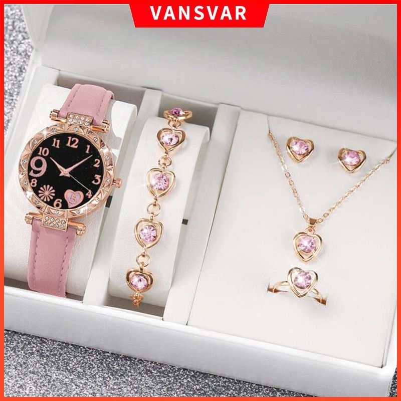 6 st/set Populärt Mode Diamant Fjärils Kärleksbälte Quartz Klocka + Rosa Kärleksstensset_voghion.com