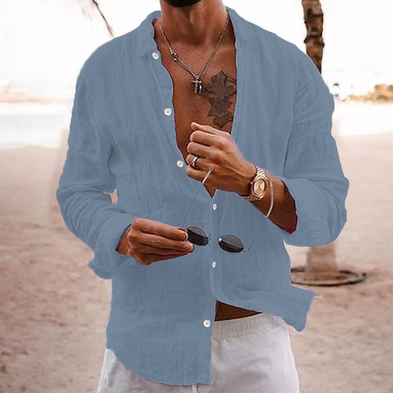 2023 New Men's Shirt Solid Color Loose Single-Breasted Turn-Down Collar Cotton Linen Long Sleeve Top_voghion.com