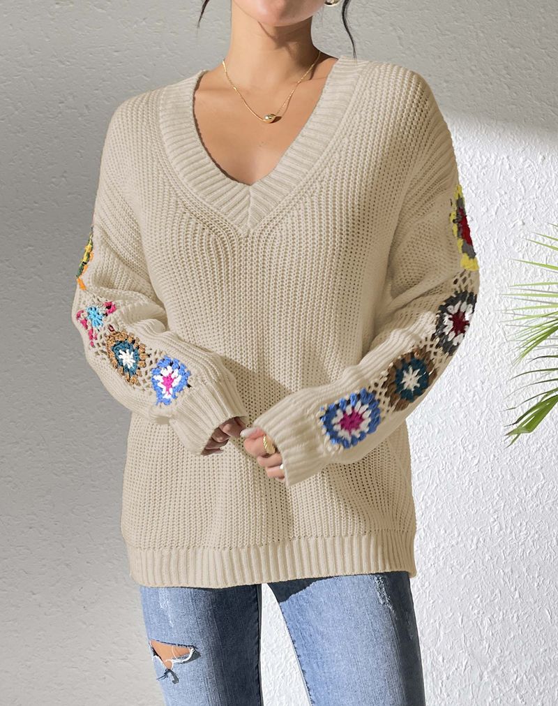 Hand-Crochet Boho Sweater – Oversized V-Neck Pullover With Floral Appliqué (S-XL, Acrylic Knit, Winter Casual Chic)_voghion.com