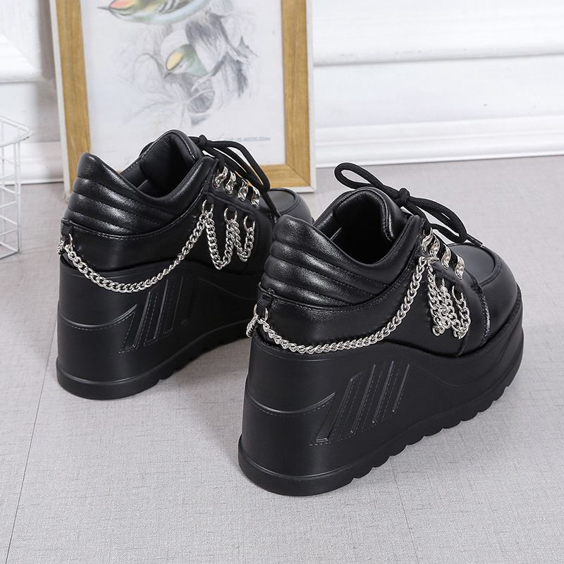 Women Gothic Punk Style Black Studded Lace-Up Platform Shoes, Metal Decor Block Heel Casual Shoes_voghion.com