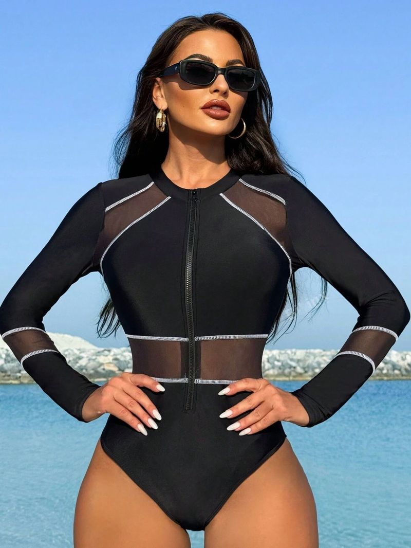 Women's Clothing Mesh Splicing Zipper Swimsuit Long Sleeves One Piece Swimsuit Surfing Suit_voghion.com