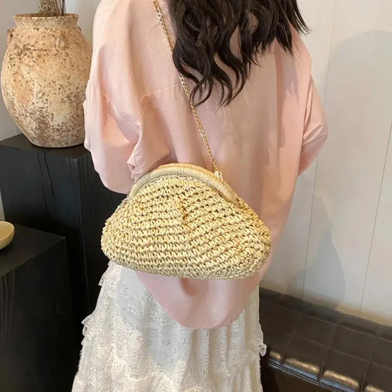 Borsa da donna in paglia intrecciata con tracolla a catena, grande capacità, elegante, a tracolla, tinta unita, per spiaggia estiva, 250614l_voghion.com