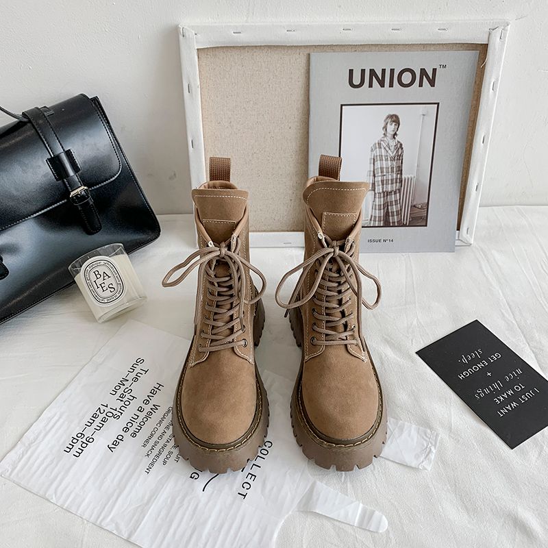 Ghete Martin maro de lungime medie pentru femei, toamna și iarna, cu talpă groasă, noi, 2024, cu înălțime crescută în interior, britanice_voghion.com