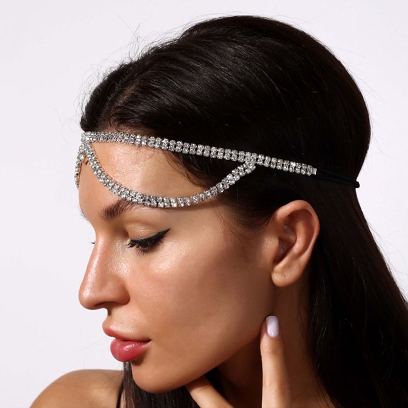 fascia elastica di lusso con strass a doppio strato, da sposa, da sposa, con catena per capelli in cristallo abbinata, copricapo, copricapo_voghion.com