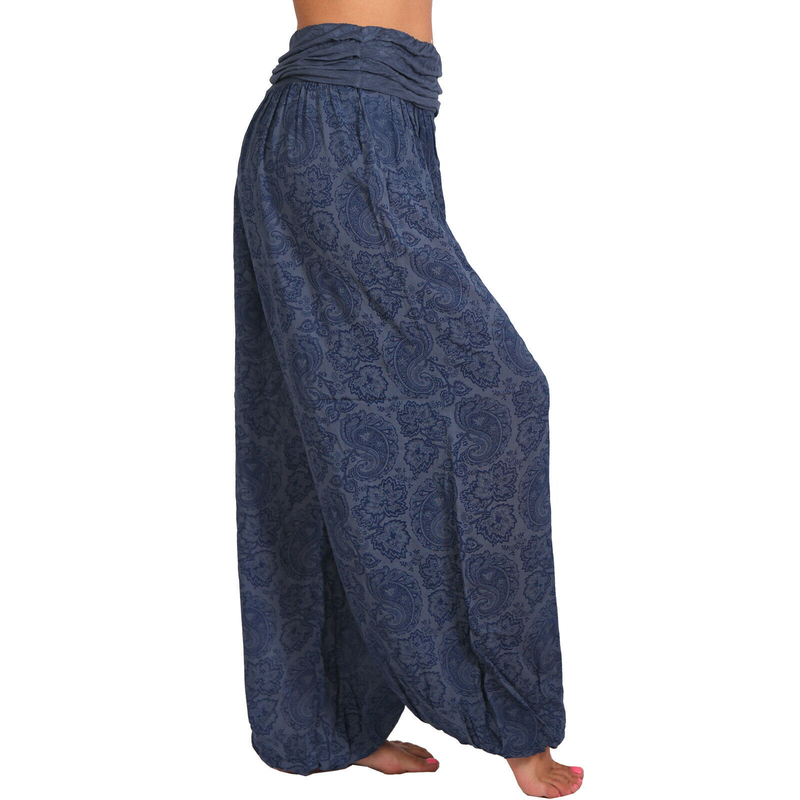 Roupas femininas Impressão digital Calças longas e largas Calças casuais Calças harém_voghion.com