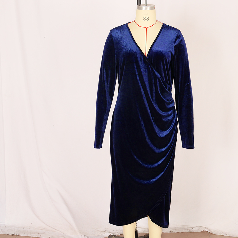 Damenkleid Langärmliges Samt-Etuikleid Sexy plissiertes Wickelkleid mit tiefem V-Ausschnitt, Party-Cocktailkleid_voghion.com