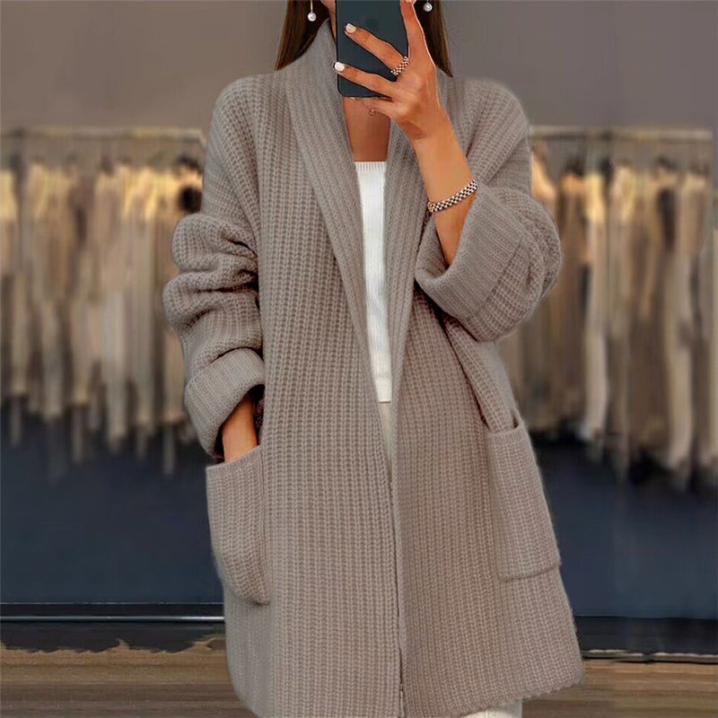 Cappotto maglione da donna con tasche larghe in cardigan lavorato a maglia con scollo a V in tinta unita spessa_voghion.com