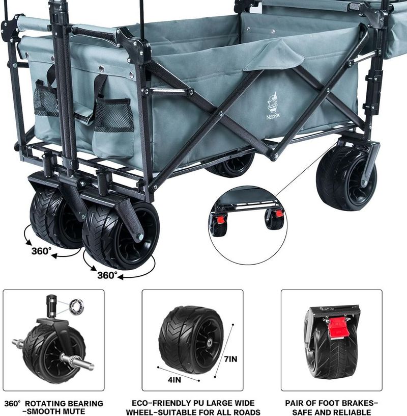 Collapsible Wagon Heavy Duty Folding Wagon Cart With Removable Canopy, 4" Wide Large All Terrain Wheels, Brake, Adjustable Handles,Cooler Bag Utility Carts For Outdoor Garden Beach_voghion.com