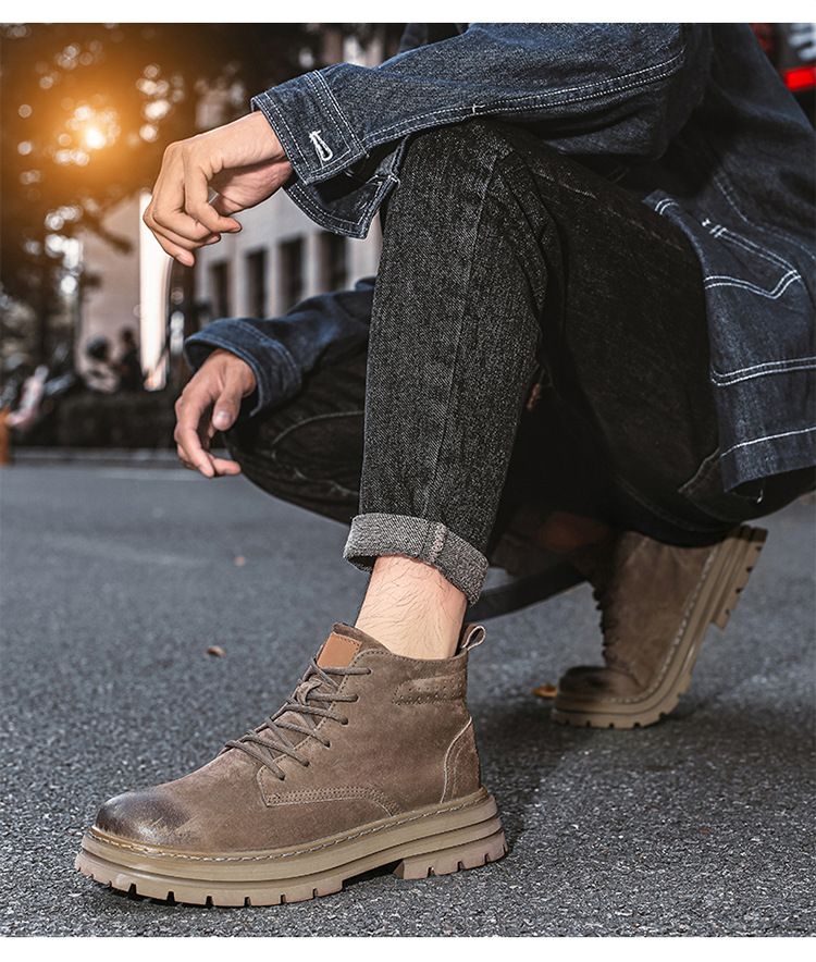 Men Special Work Shoes Martin Autumn Winter New High-Top Yellow Boots Trendy Versatile Thick-Soled Non-Slip Wear-Resistant Men's Work Shoes_voghion.com