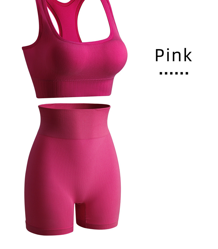 Women's clothing solid color work back seamless knitted bra tummy control shorts sports running fitness yoga set_voghion.com