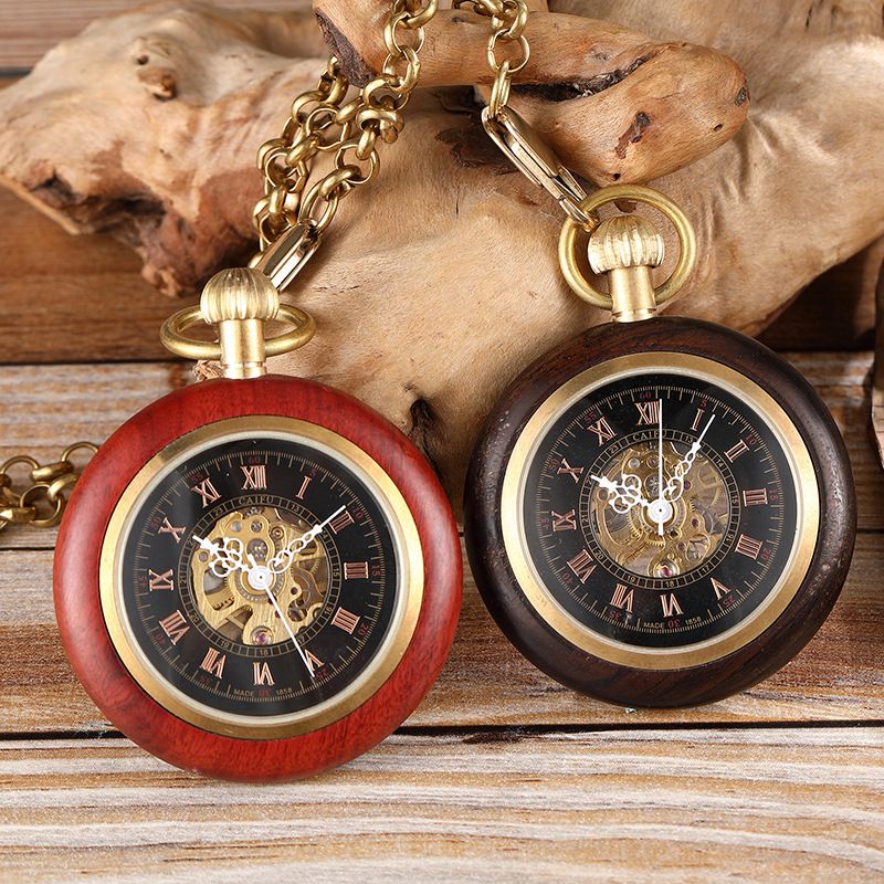 New Red Copper Roman Scale Wood Grain Straight Board Without Cover Manual Mechanical Pocket Watch_voghion.com