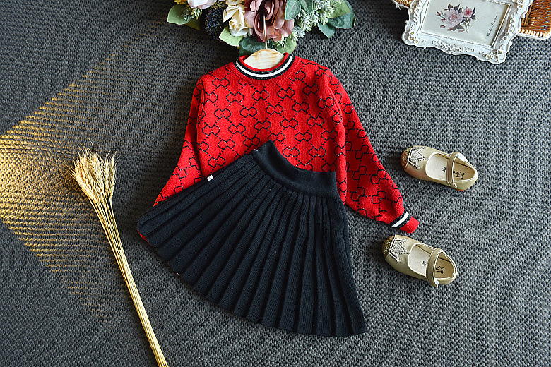Ropa para niños, suéter tejido a la moda para niñas de otoño + falda arrugada, conjunto de dos piezas, traje para niños_voghion.com