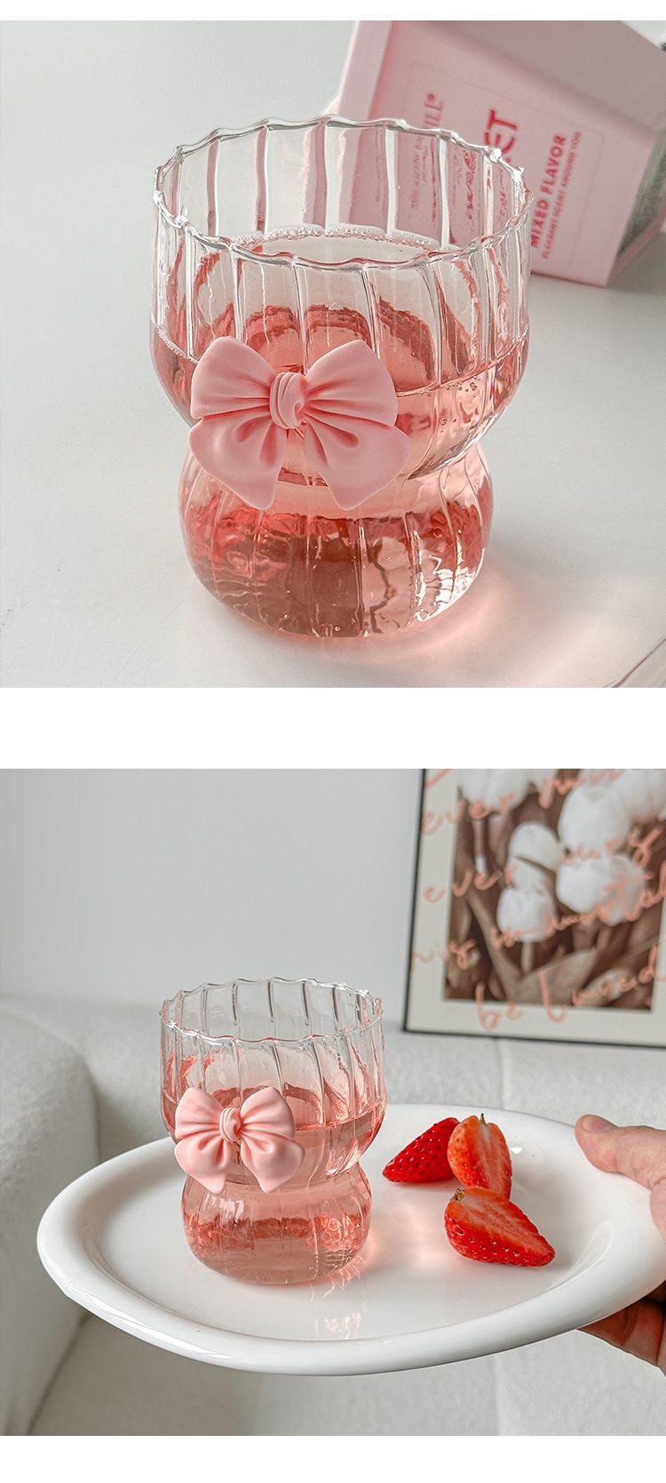 Pink Bow High Borosilicate Glass Coffee Mug - Heat Resistant, Cute Ribbon Handle, Vertical Striped Design For Tea & Espresso_voghion.com