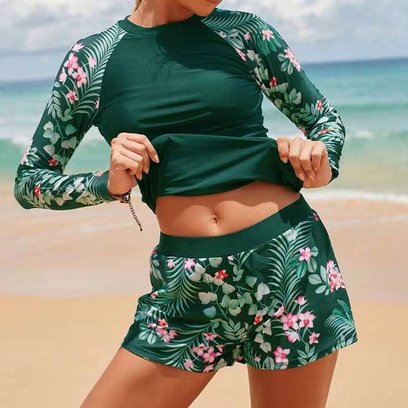 Women's Clothing Color Matching Surfing Diving Holiday Swimsuit Multi Color Printing Long Sleeved Sunscreen Split Swimsuit_voghion.com
