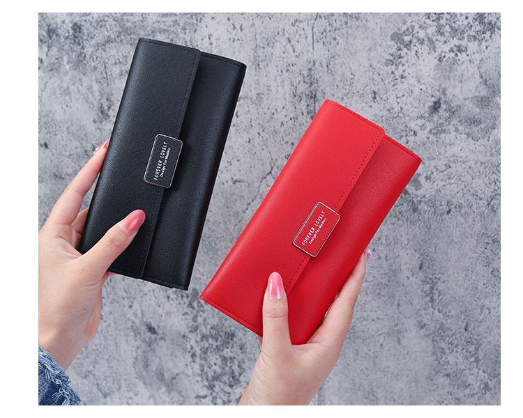 Cartera de mujer estilo coreano con tres pliegues, larga, a cuadros, con broche, con múltiples ranuras para tarjetas, de piel sintética, tarjetero_voghion.com