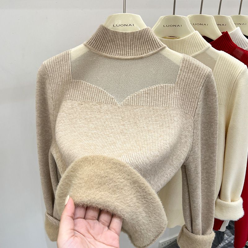 Suéter de punto con forro polar para mujer, jersey grueso y cálido de invierno, cuello semialto, manga larga, informal, color liso_voghion.com