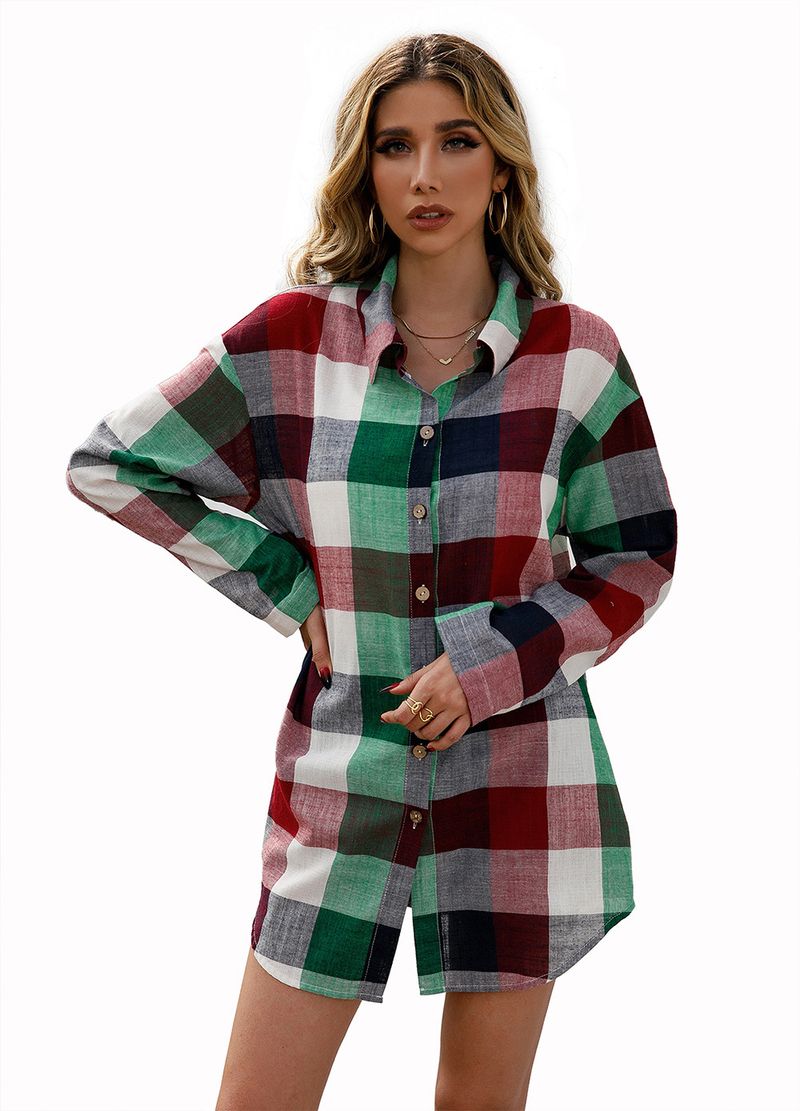 Camicia midi scozzese colorata ampia e casual, top da donna, monopetto, a maniche lunghe, scozzese_voghion.com