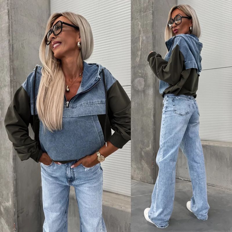 Felpa con cappuccio da donna in denim lavato, casual, alla moda, 25° anno, patchwork, 805_voghion.com
