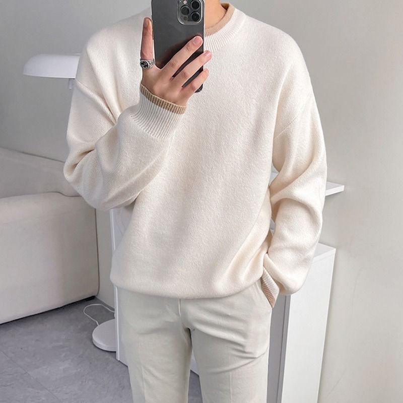 Herren-Vintage-Pullover aus gewachster Baumwolle – locker sitzender Rundhals-Strickpullover, weiche und warme Retro-Freizeitkleidung für den Winter (Weiß/Schwarz, M-2XL)_voghion.com