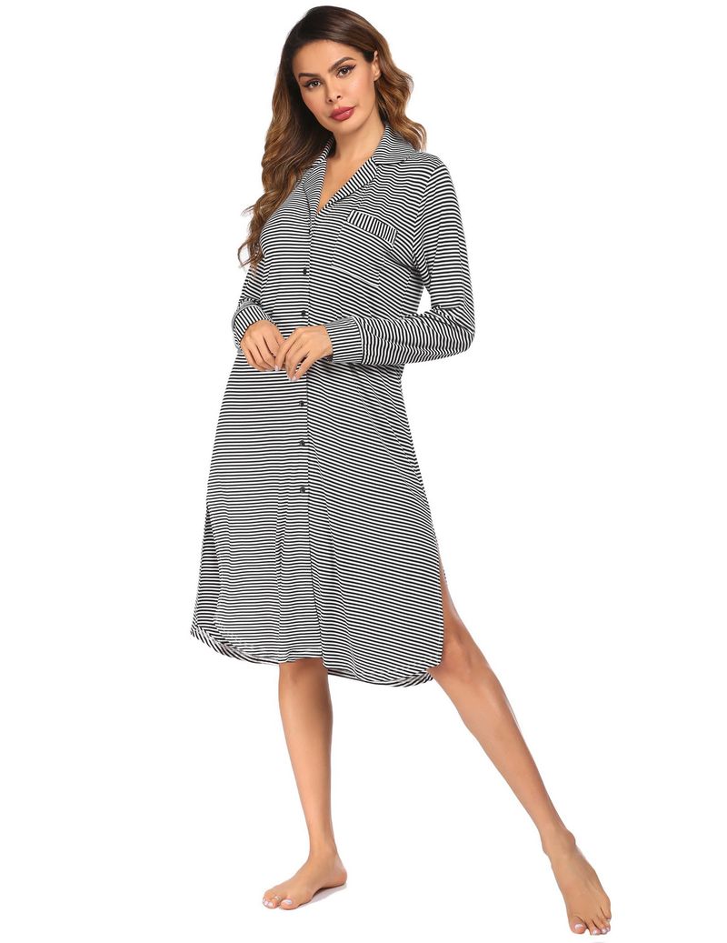 Roupas femininas, pijamas, camisa cardigan, pijamas de manga comprida listrados com botões estampados, pijamas para casa, femininos_voghion.com