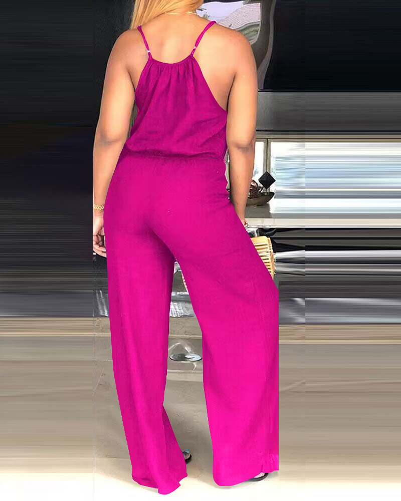 Tuta casual da donna senza maniche in cotone e lino tinta unita con coulisse_voghion.com