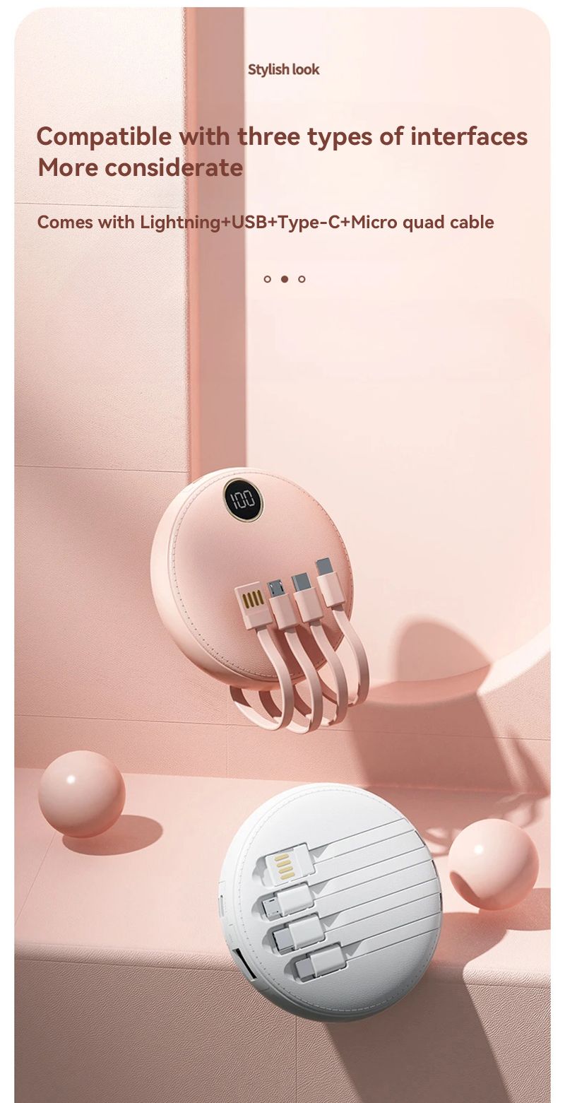 20000mAh Mini Powerbank Portable Round Self-wired Fast Charging High Capacity Digital Display Power Bank For IPhone_voghion.com