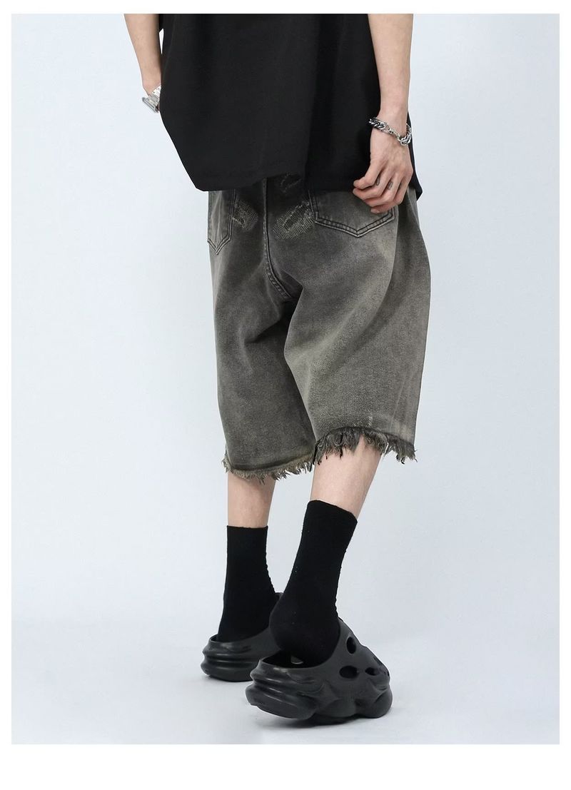 Herrenbekleidung Mid Rise Distressed Zipper Washed Jeans Lockere gerade halblange Hose_voghion.com