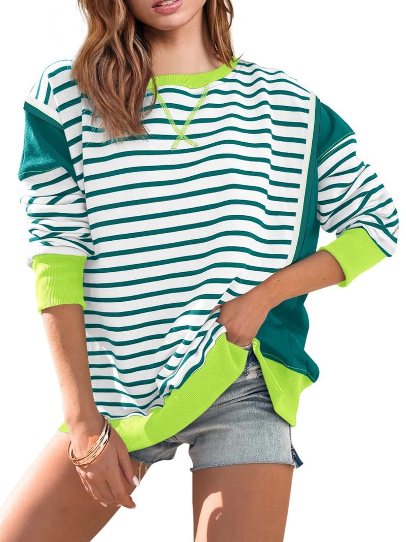 T-shirt a maniche lunghe da donna con righe a contrasto di colore - Felpa girocollo con motivo stampato_voghion.com