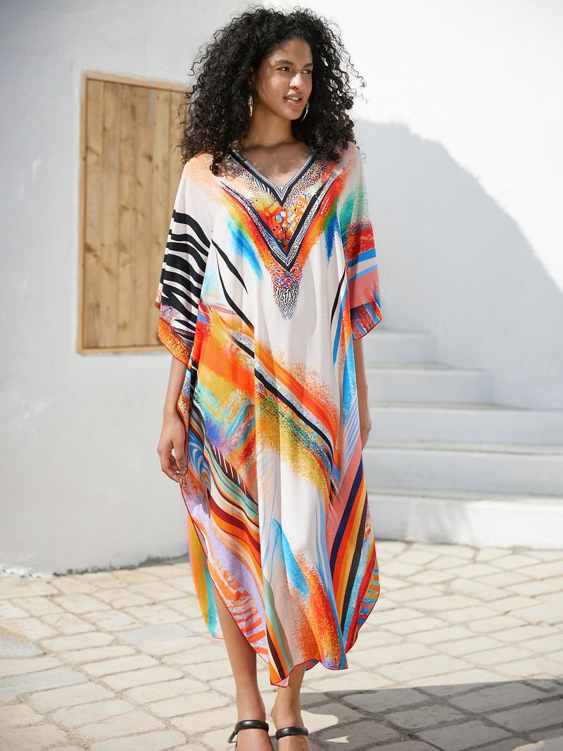 Sukienka maxi z nadrukiem w stylu boho, damska, narzutka z wiskozy – zwiewna tunika plażowa z etnicznymi wzorami, luźny krój w dużych rozmiarach, narzutka na bikini, strój na wakacje_voghion.com