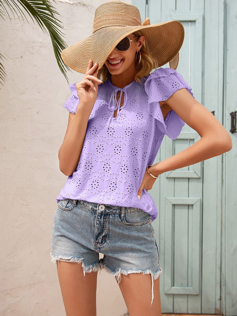 Women's clothing crochet flower hollow lace-up round neck ruffle sleeve shirt top for women_voghion.com