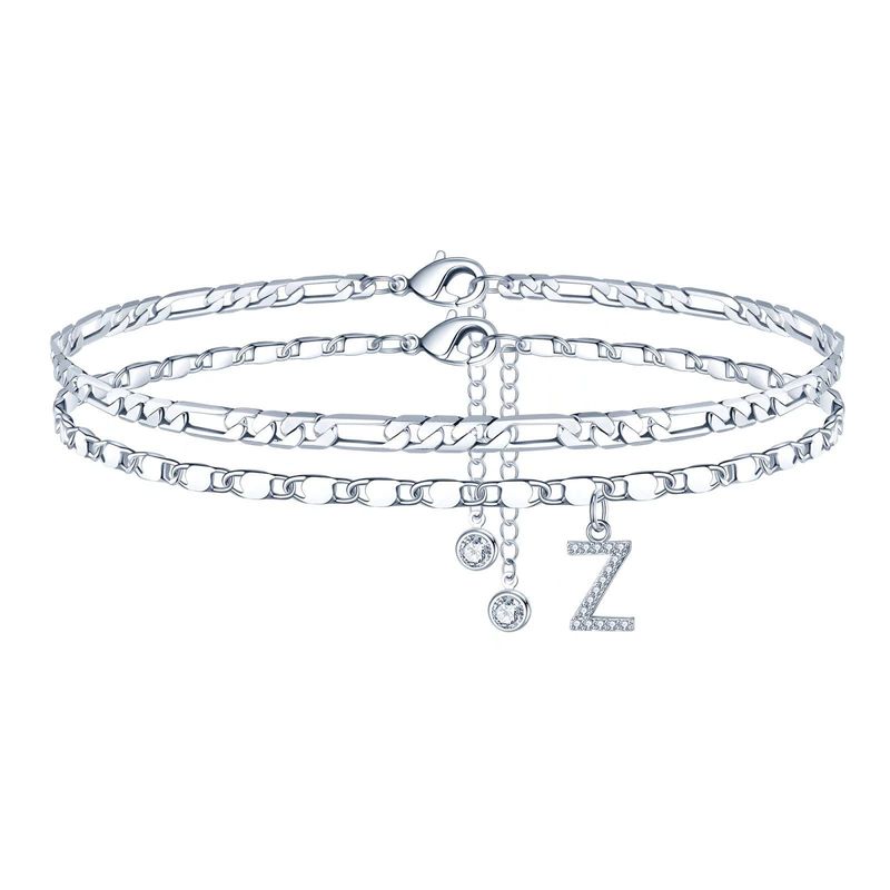 26 Silver Zircon Letter Simple Fashion Beaded Double Layer Anklet_voghion.com