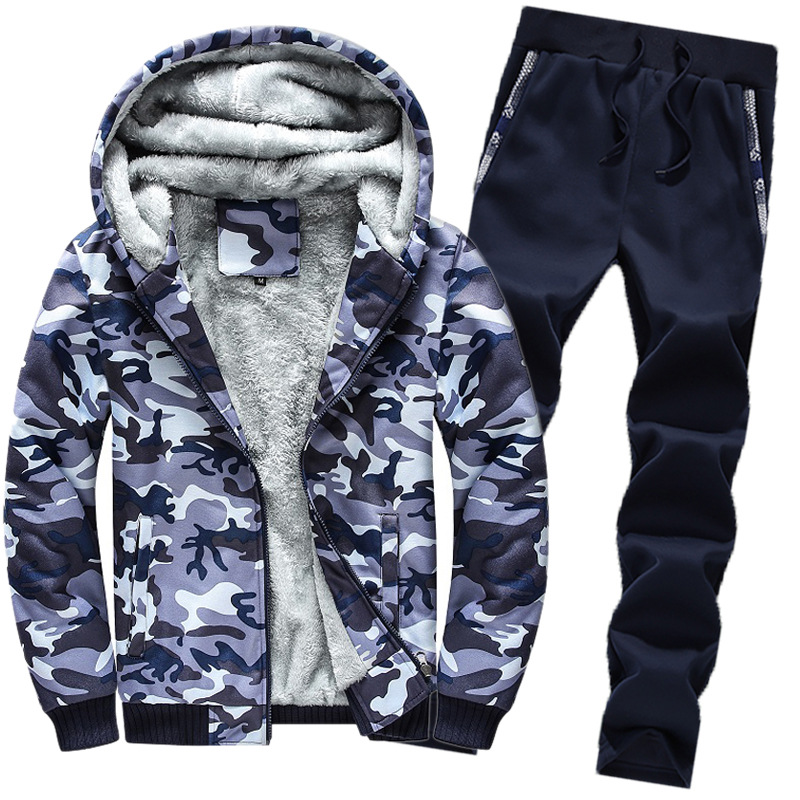 Fleece Men's Tracksuit Hoodie Suit Slim And Thick Warm Camouflage Suit_voghion.com