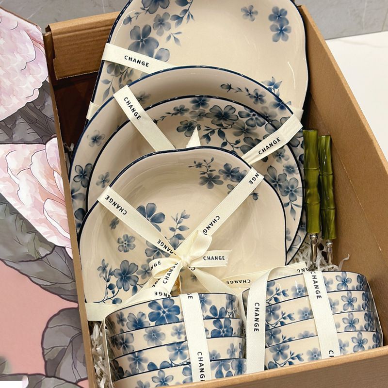 Household Floral Blue White Set Light Luxury High-Value Kitchenware Single Optional Bowl And Plate_voghion.com