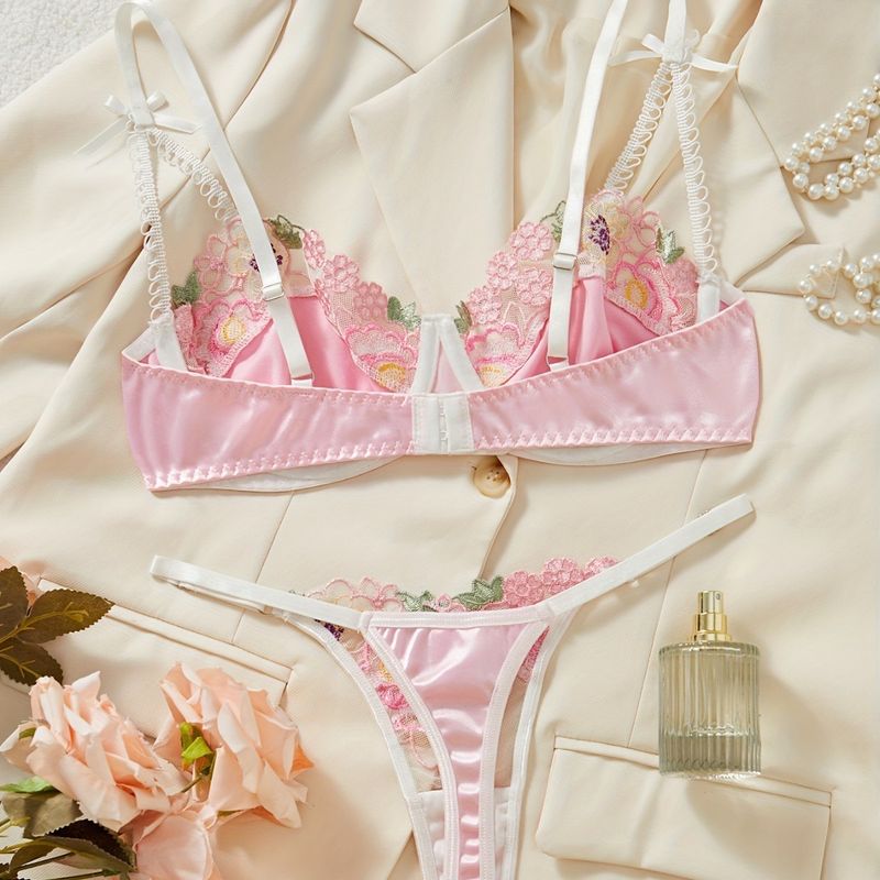 Pure Desire Embroidered Small Flower Bra Set Mesh Sweet Sexy Comfortable Underwear Set_voghion.com