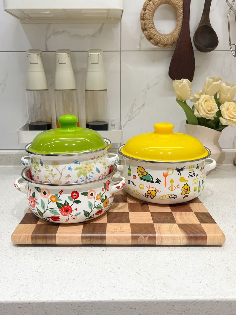 Three-Piece Set Thickened Double-Handled With Lid Baby Food Instant Noodle Flat-Bottom Soup Pot Enamel Cookware_voghion.com