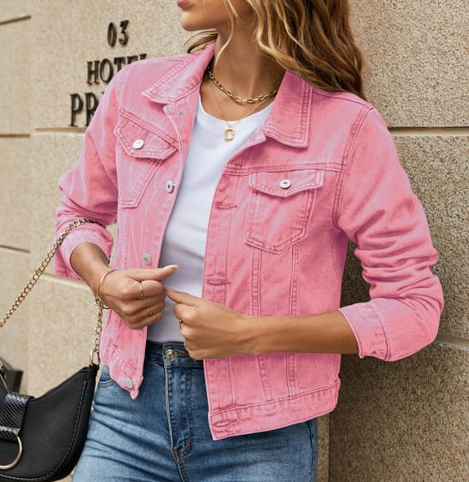 Giacche di jeans da donna, alla moda, casual, a maniche lunghe, con risvolto, tinta unita, con bottoni, tasca sul petto, giacca di jeans slim, cappotto autunnale e invernale_voghion.com