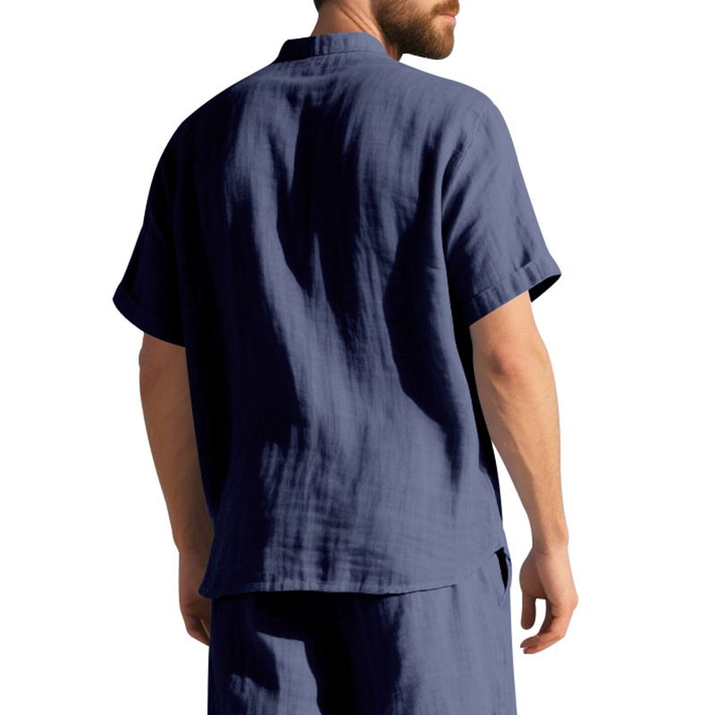 Camisa de lino de manga corta para hombre, nueva, de color liso, con cuello alto y bolsillo, holgada, informal_voghion.com