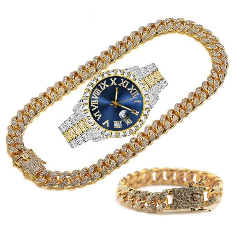 Hip Hop Watches Set Diamond Watch Bracelet Necklace Quartz Watch_voghion.com