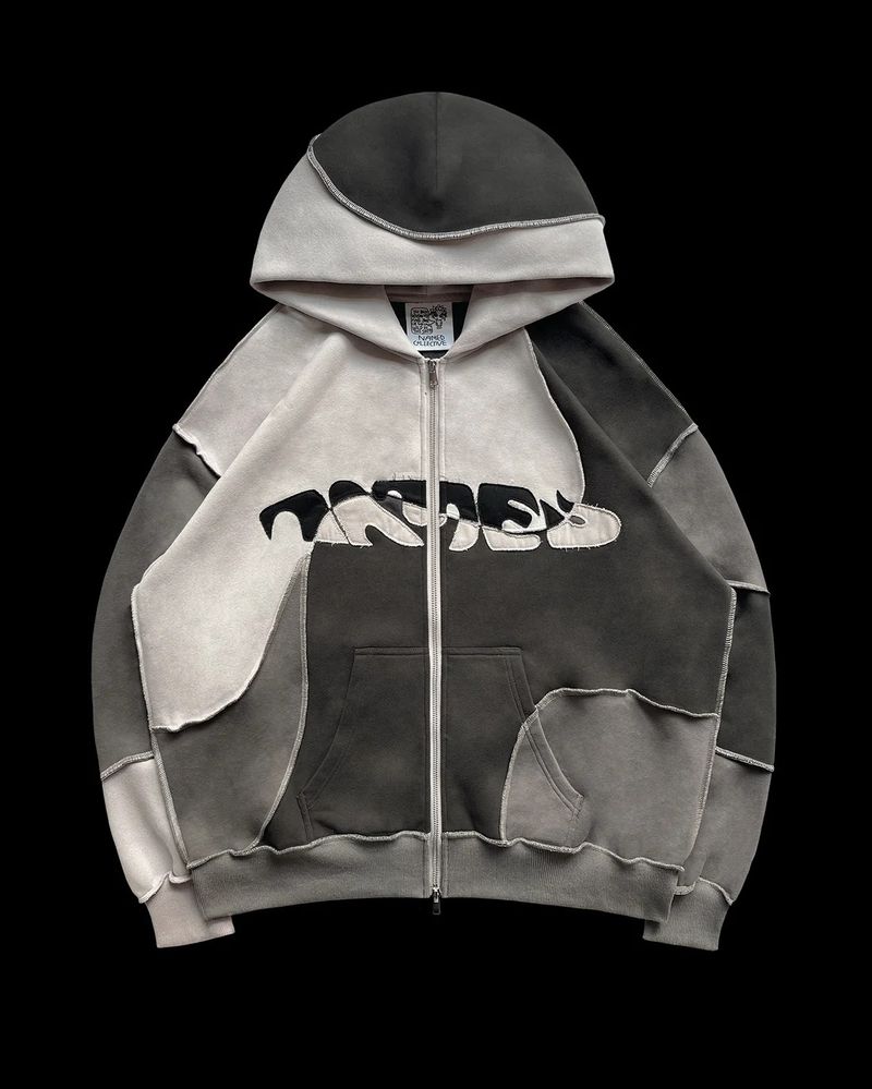 Streetstyle heren dames patchwork kleurcontrast hoodie met rits en open draadontwerp, loszittende jas en_voghion.com