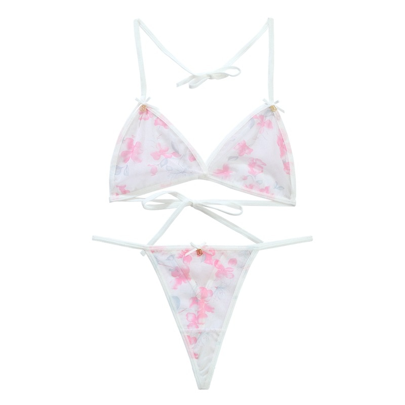 Dámské sexy spodní prádlo Set Flower Bra Thong 2 kusy měkké síťované průsvitné ramínko transparentní spodní prádlo body bikiny_voghion.com